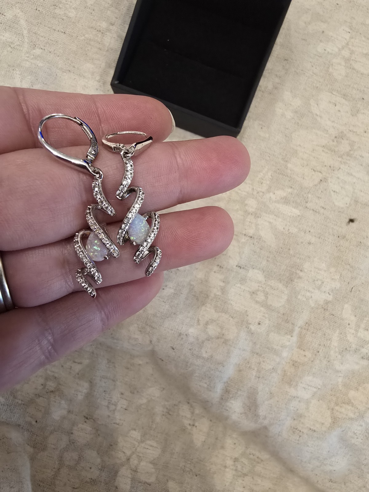 Zales Snake Dangle Earrings Leverback White Opal & CZ Silver Tone 2