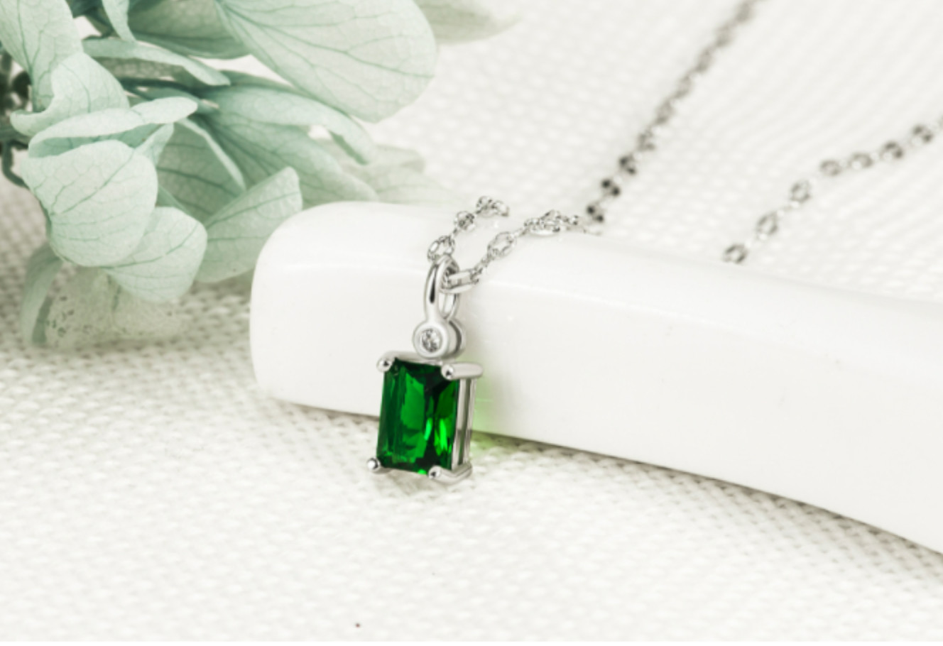 Titanium Silver/Gold Rectangle Green Pave CZ Pendant Chain Necklace