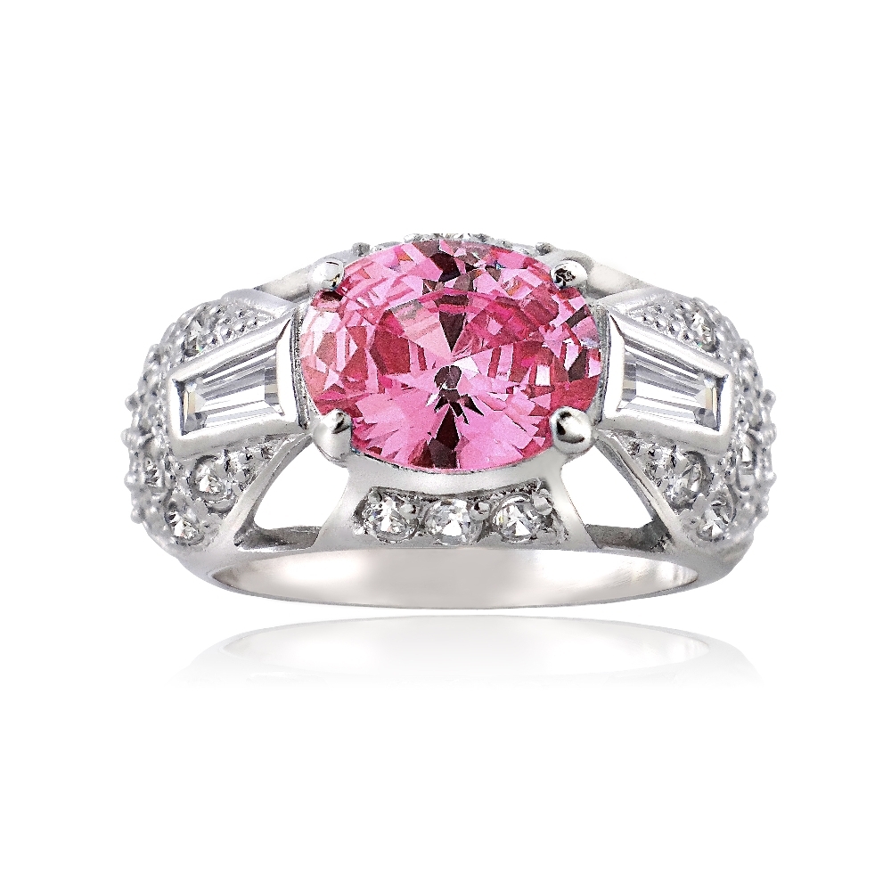 925 Sterling Silver Pink & Clear CZ Baguette and Pave Filigree Ring