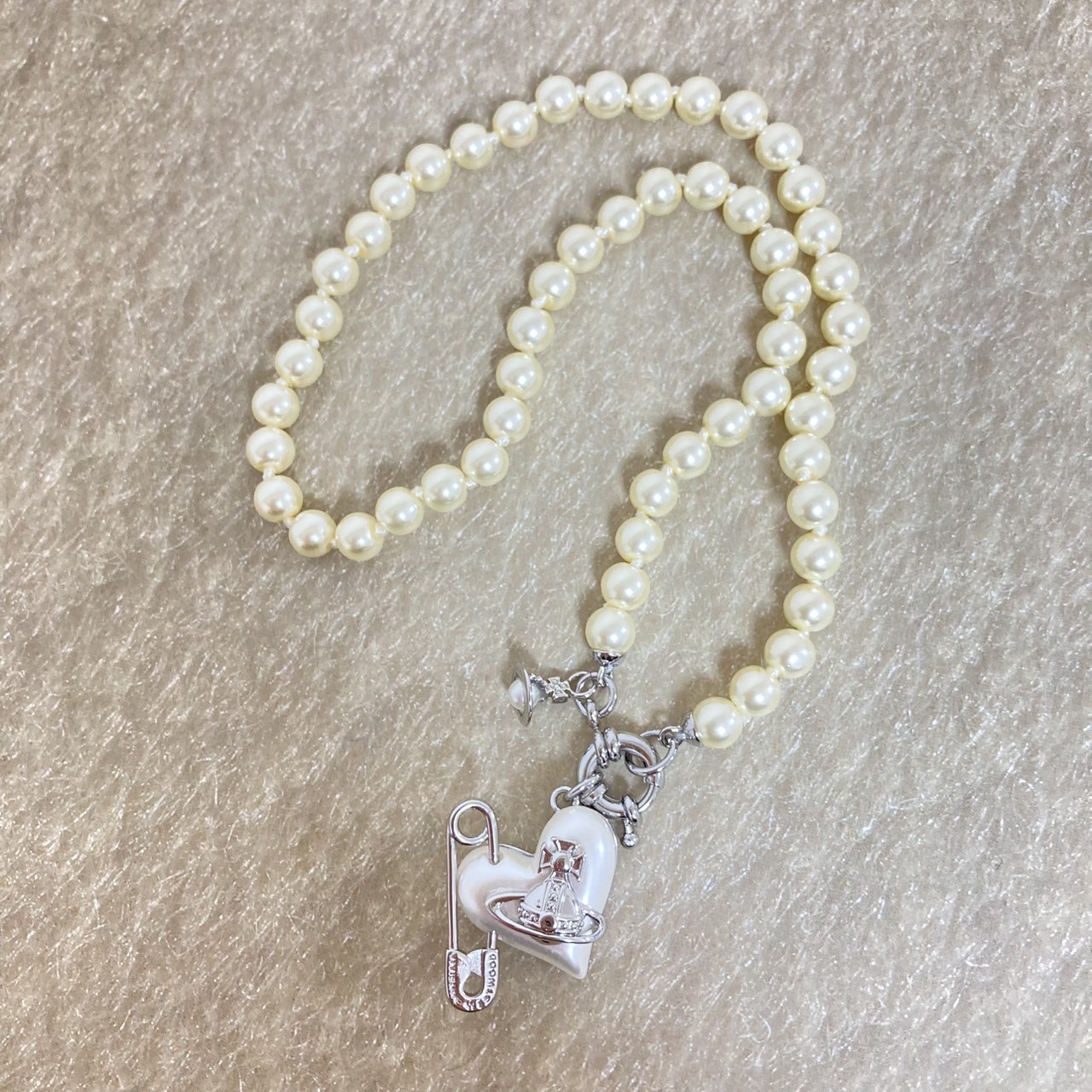 Vivienne Westwood Necklace ORIETTA Pearl Heart Safety pin Silver 40cm NO BOX