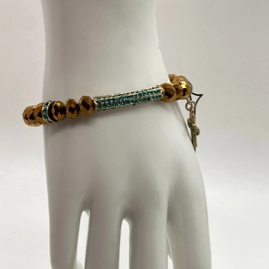 APT. 9 Gold Tone Stretch Bracelet with Faceted Beads & Green Pave Cross Charm