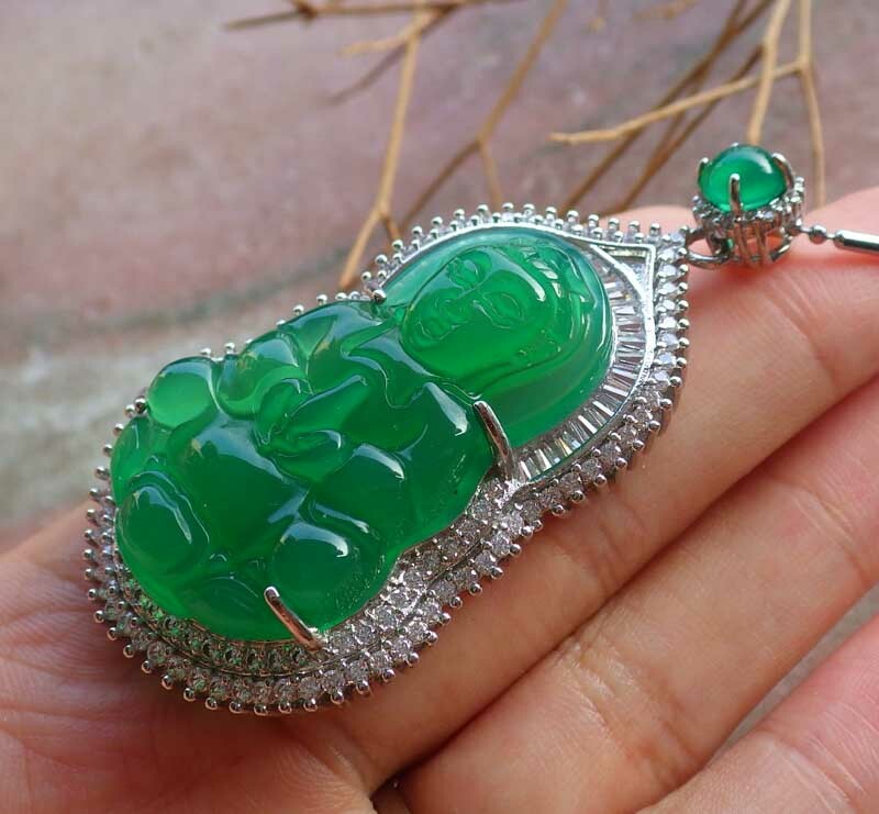 White Gold Plate Green AGATE JADE Guanyin Kwan Yin Pendant Necklace 390528