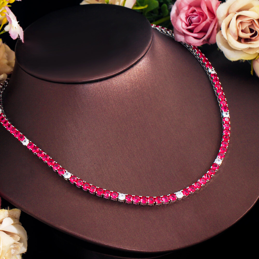 Top White Gold Plated Cubic Zirconia CZ Round Tennis Chain Link Wedding Necklace
