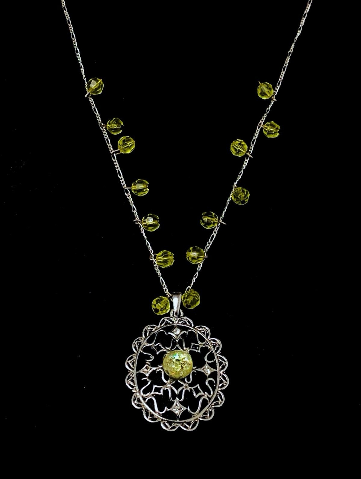 Silver-Tone Filigree Medallion Necklace | Chartreuse Green/Yellow Faceted Beads