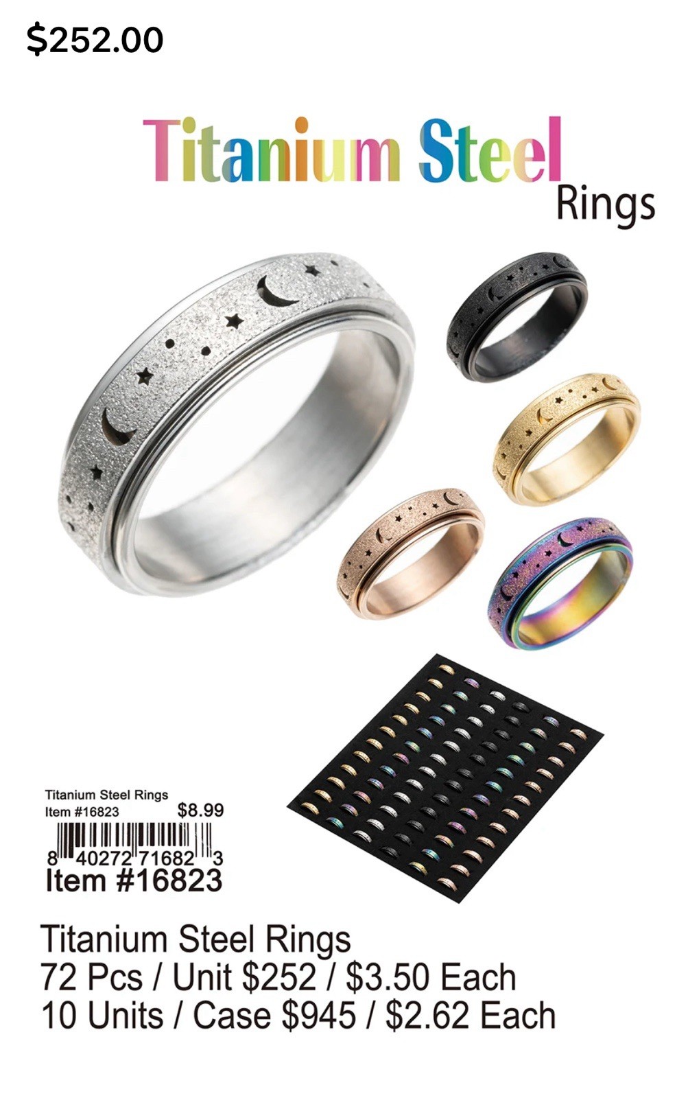 Puka Creations Titanium Steel Rings Stars Moon Middle Spins 70 PACK NEW!