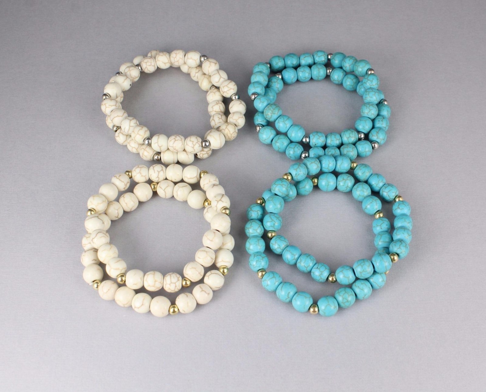 set 2 Cream Silver bracelets bead stretch beaded bracelet 8 mm bead size
