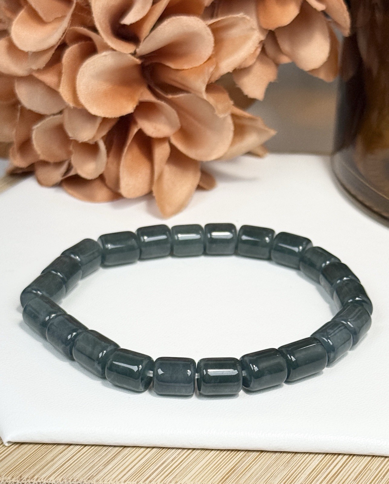 Blue Water Jadeite Icy Blue Barrel Bead Bracelet 7.4MM
