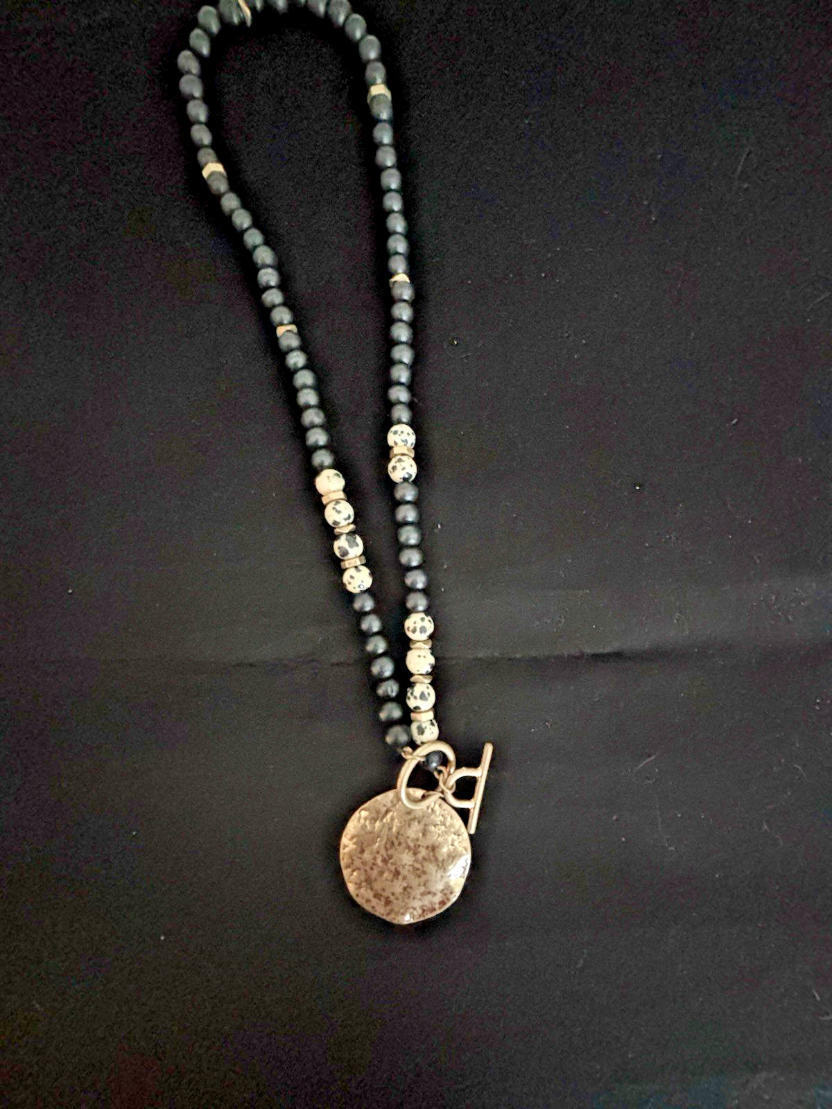 Black White Silver Stone Metal Beaded Necklace Round Pendant Toggle Closure