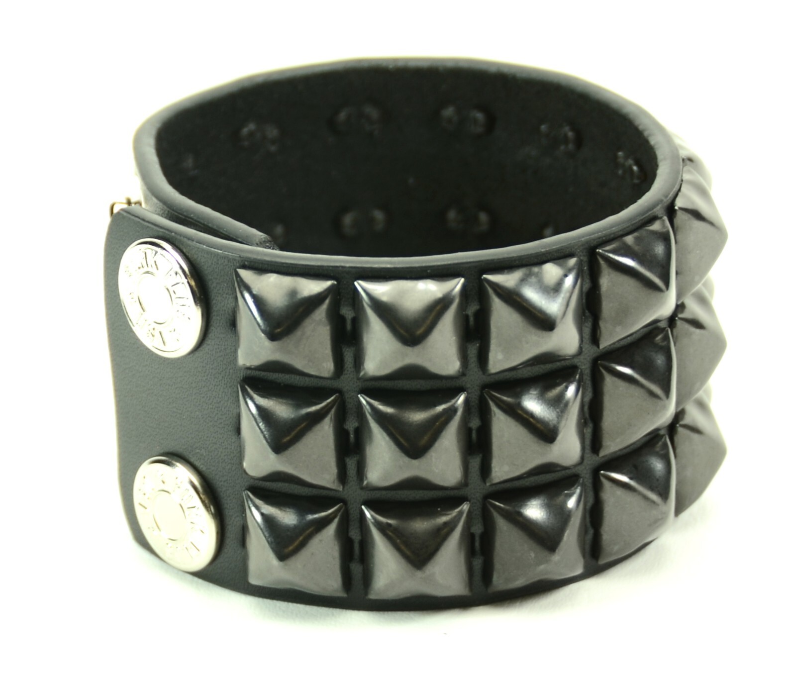 Three Row Black Pyramid Stud Leather Punk Goth Club Rockabilly Studded Bracelet