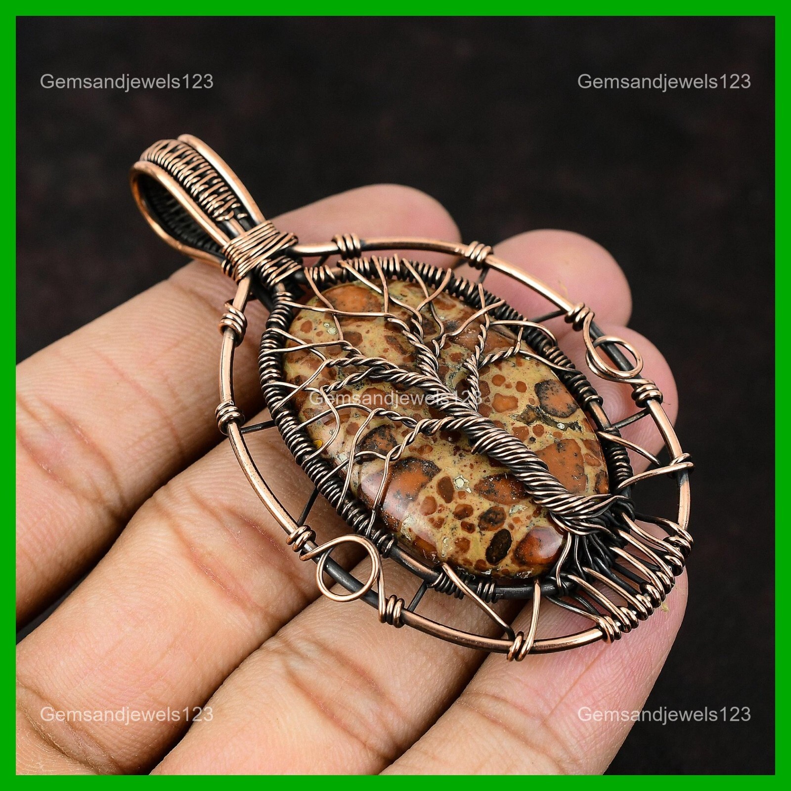 Natural Asteroid Jasper Tree Of Life And Wire Wrapped Unique Boho Pendant Copper