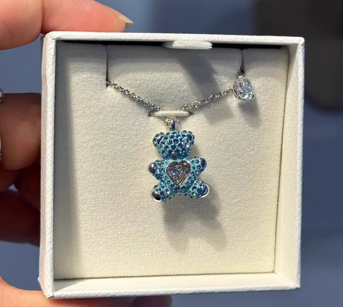 Swarovski Teddy Zircon Pendant Blue Teddy Bear Necklace Heart-Shaped Crystal