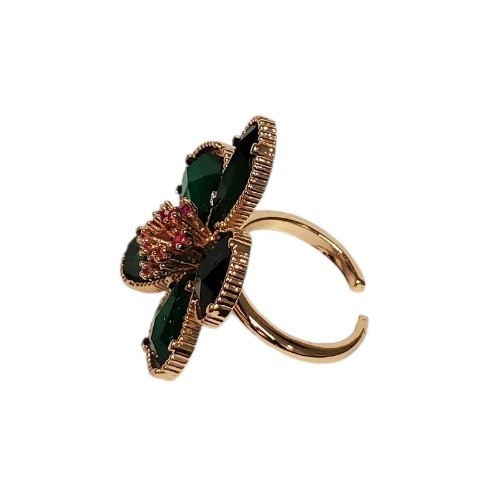 Estate Gold-Tone Green Coated Glass & Pink Spinel Flower Ring Size 6 (Approx.)