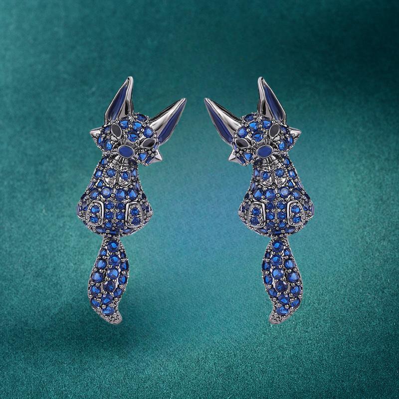 Gunmetal Blue Cubic Zirconia Enamel Fox Animal Stud Earrings
