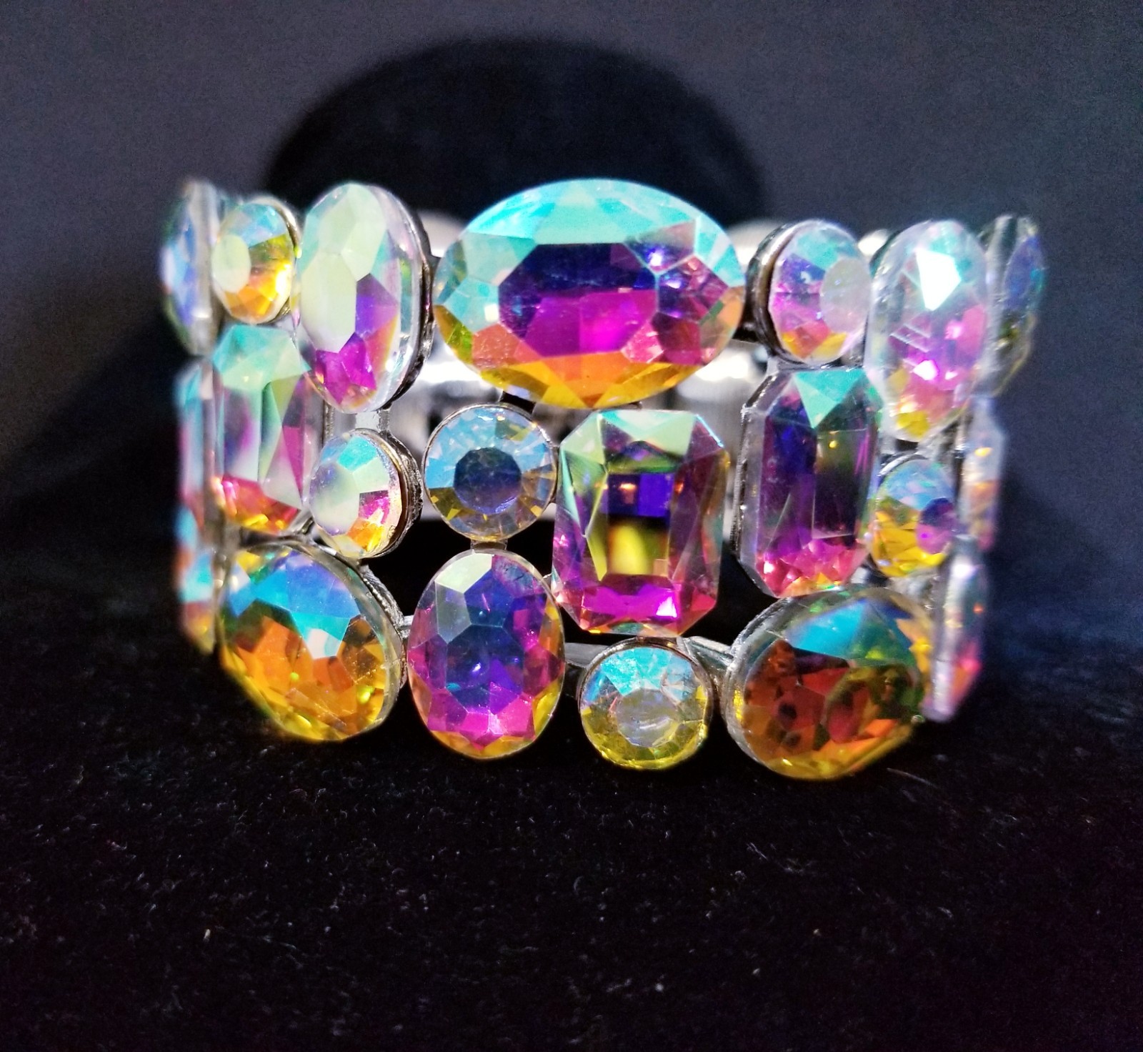Iridescent Silver Rhinestone Stretch Bracelet Statement Drag Pageant Prom Bridal