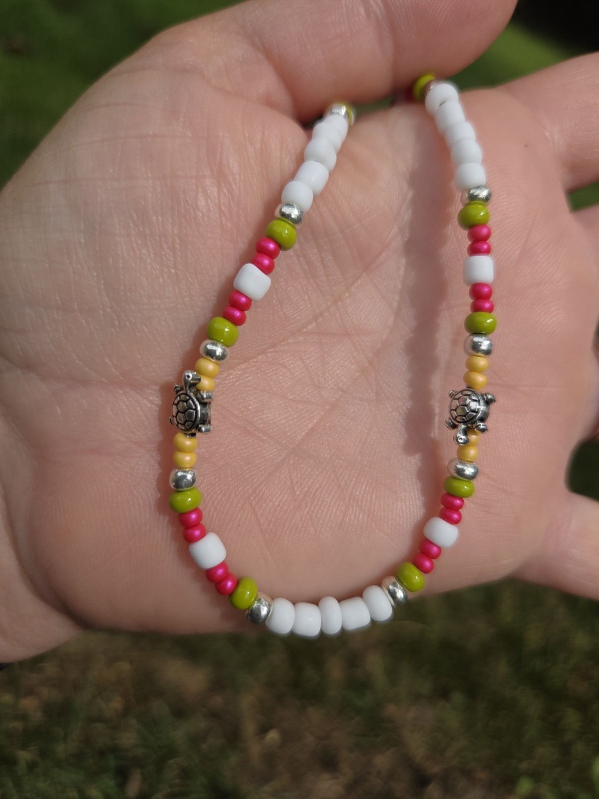 Turtle Necklace Beaded Jewelry Glass Beads White Green Pink Lobster Clasp