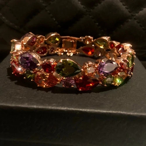 18k Rose Gold Filled Multicolor Tennis Bracelet Made Simulated Diamond 7.5”