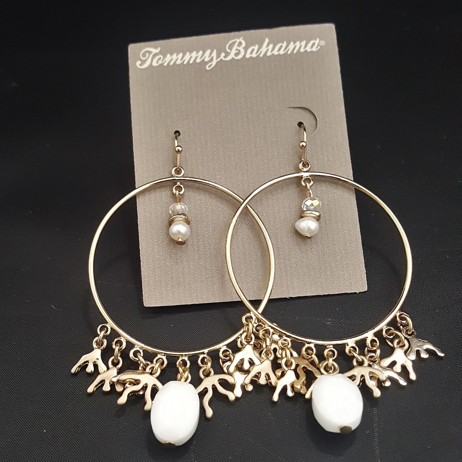 Tommy Bahama Women’s Hoop Hook Charm Statement Earrings Gold Plated White NWT