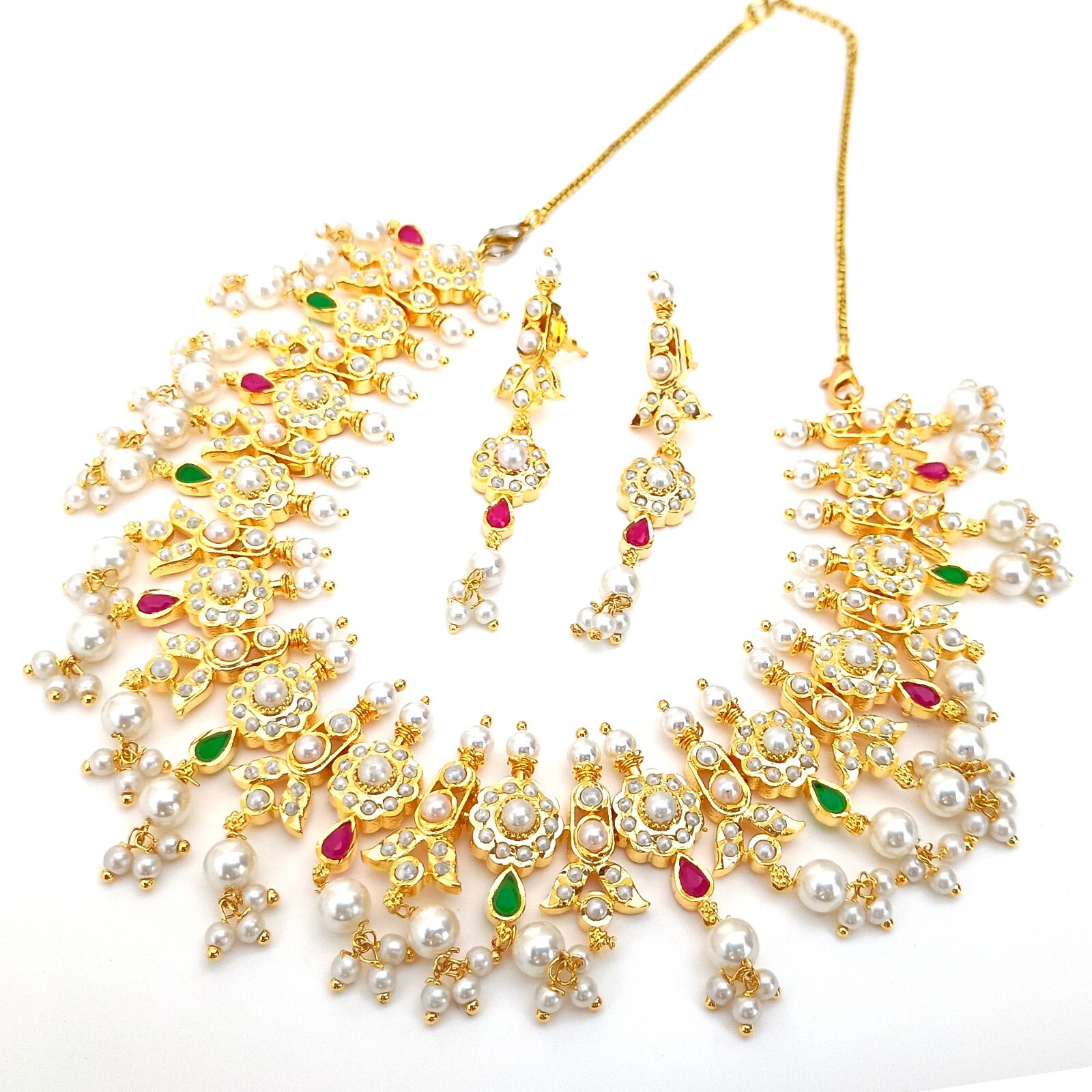 Premium Pearl & Ruby & Emerald Meenakari Necklace jewelry, Gold plated Necklace