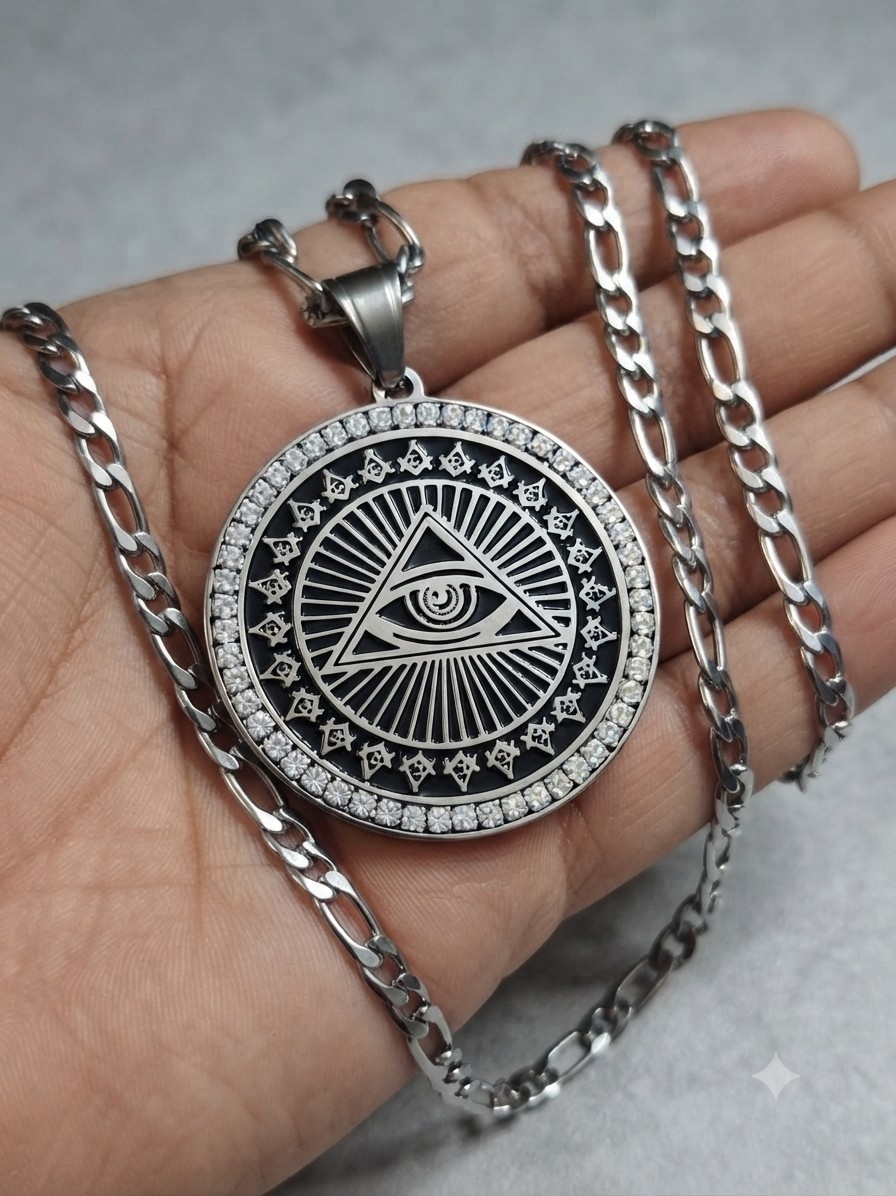Stainless Eye of Providence Necklace 5x4cm Pendant 22″ Chain Masonic Illuminati