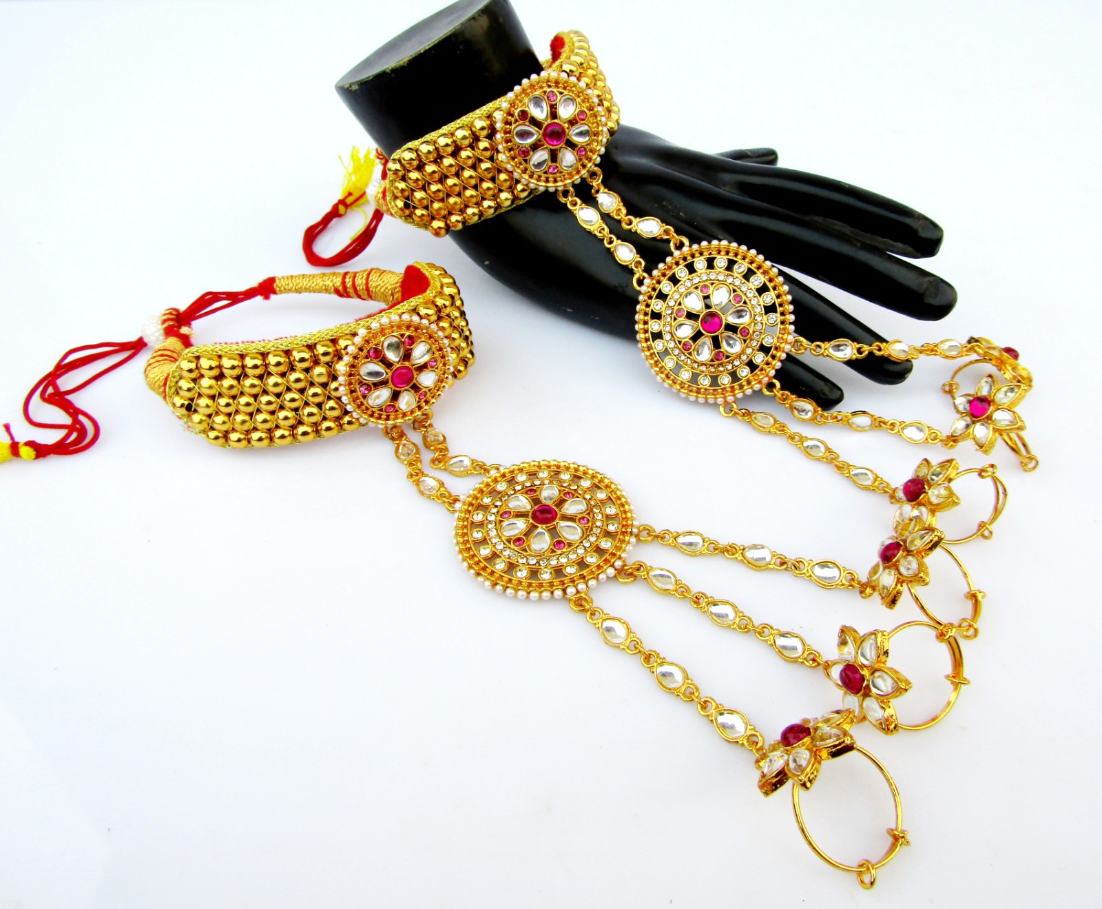 Gold Tone Indian Bridal Jewelry Hath Phool Ethnic Bollywood CZ Ring Bracelet Set
