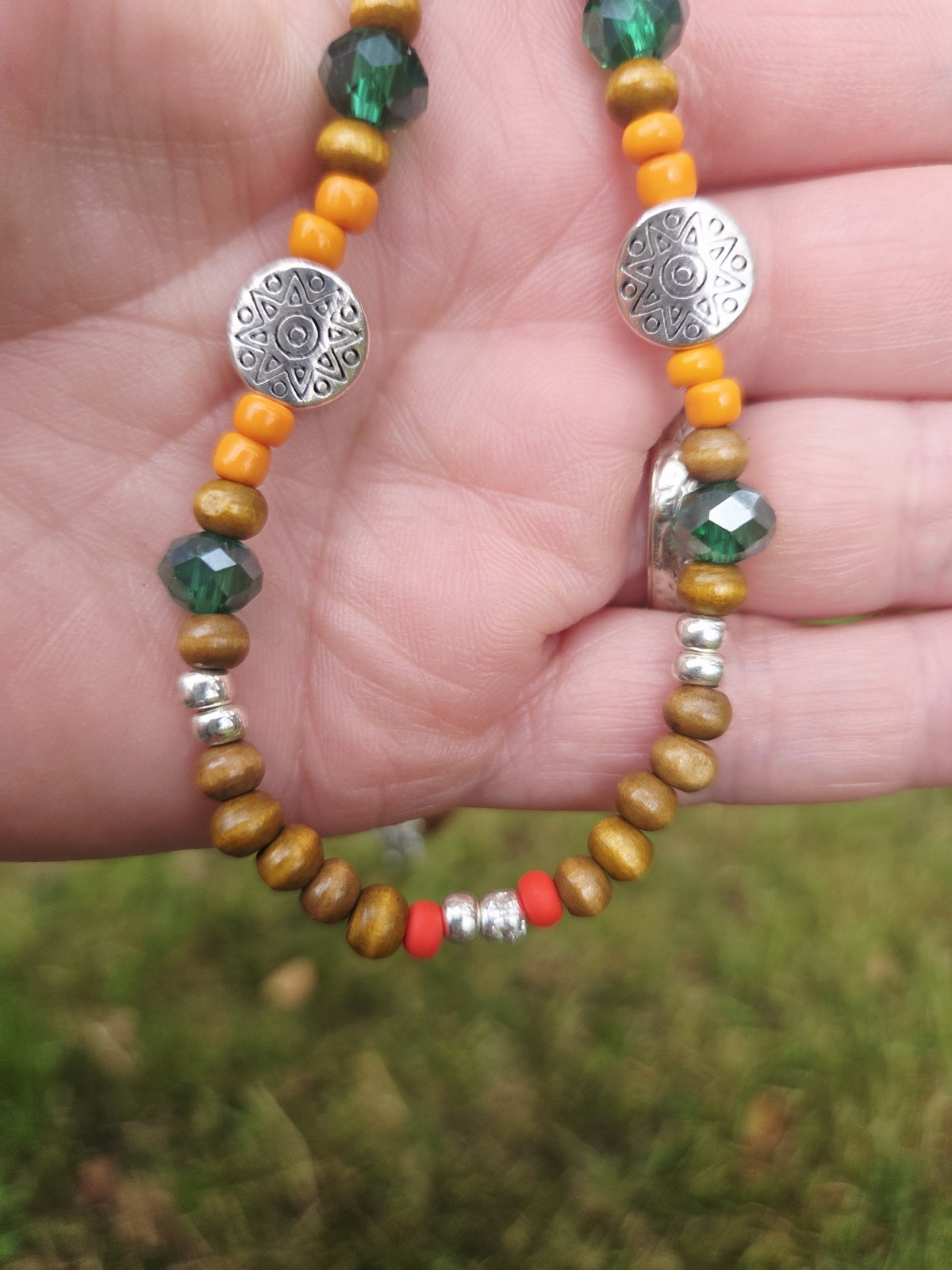 Beaded Necklace Wood Glass Beads Bohemian 18 Inches Lobster Clasp Green Red Boho