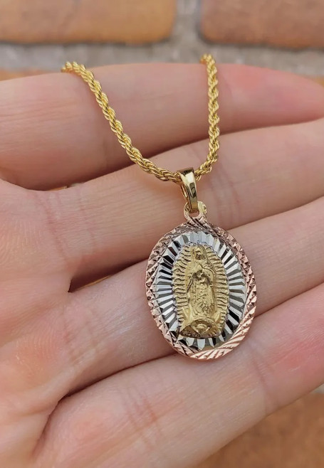 Virgin Mary of Gadalupe Two Tone Necklace 17″ Pendant For Womens Ladies Cadena