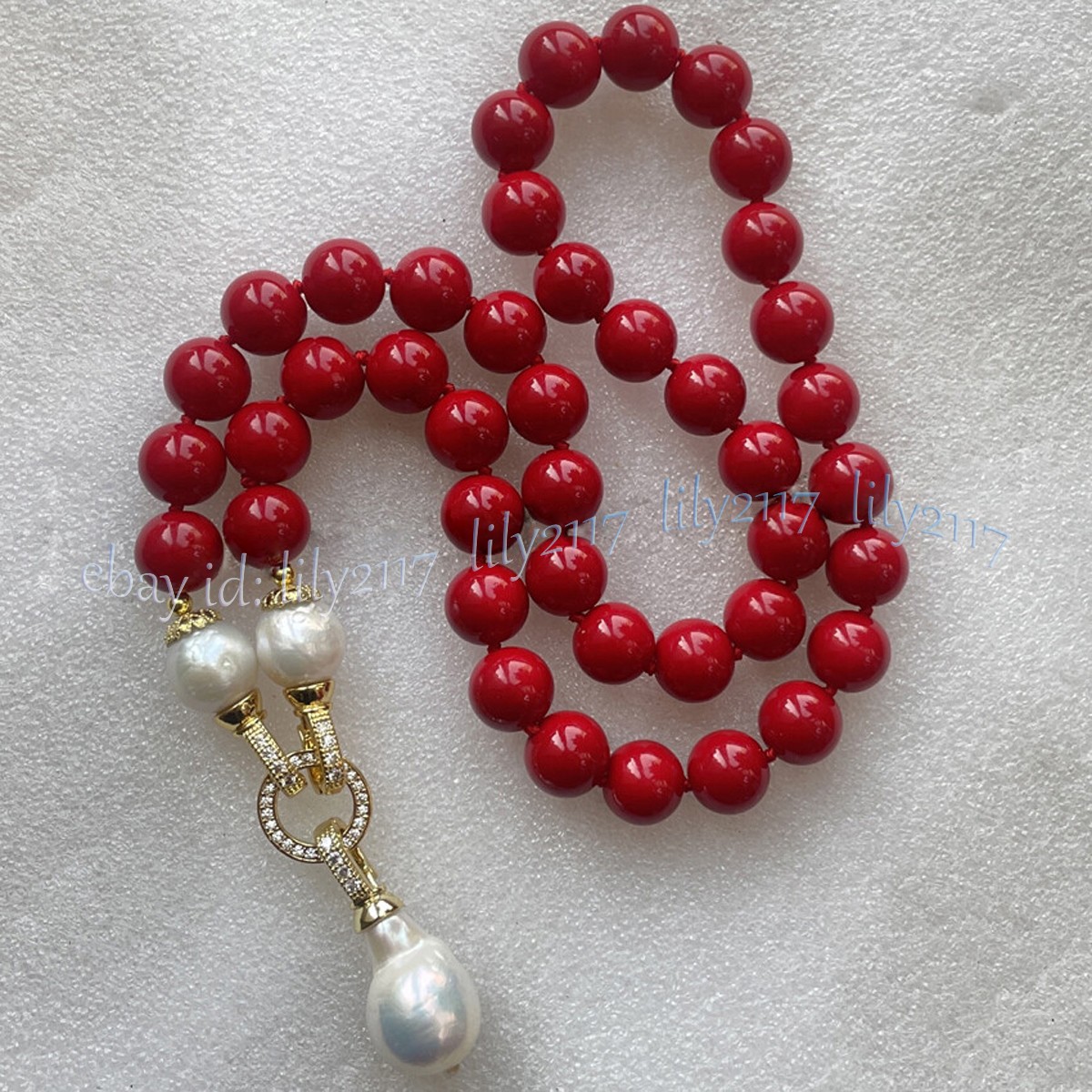 Red Coral Round Gems Beads Natural White Keshi Baroque Pearl Pendant Necklace