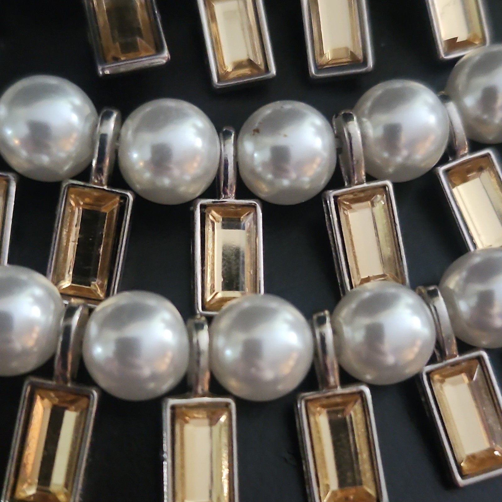 Multi-Strand White Faux Pearl Statement Bib Necklace w/ Glass Rectangle Dangles