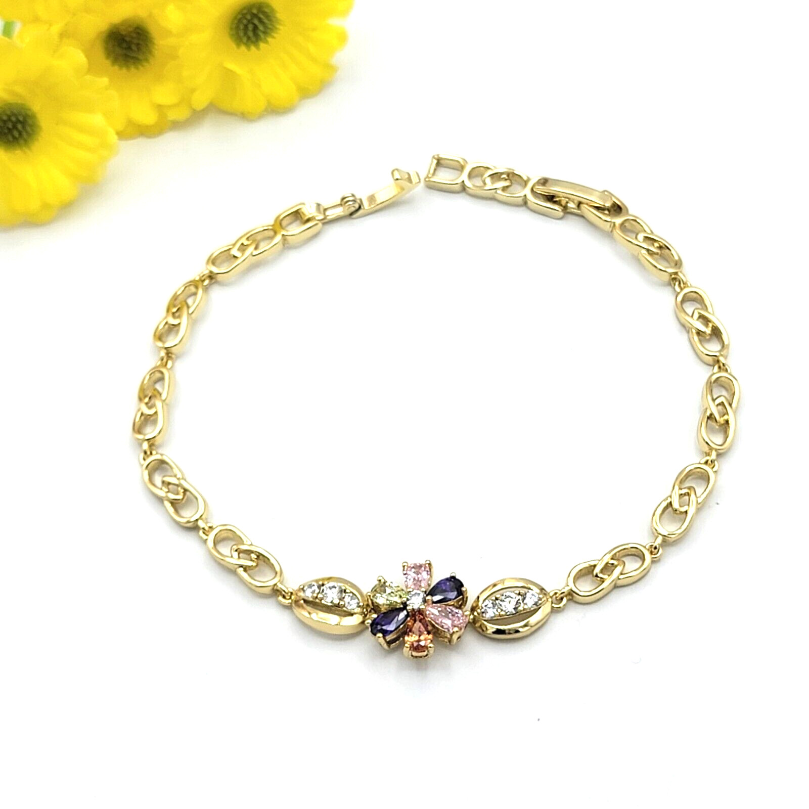 Woman 14K Gold Plated Multicolor Crystals Flower Bracelet Oro Laminado