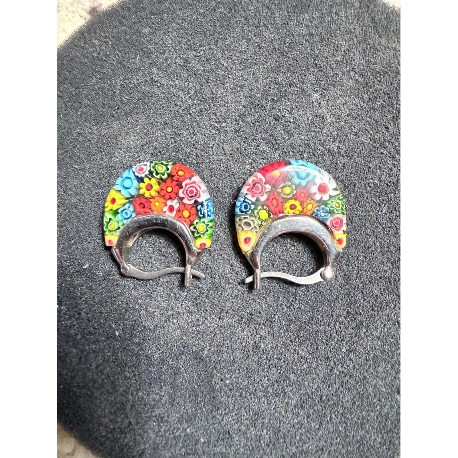 Murano Glass Millefiori Hoop Earrings Colorful Floral Mosaic Silver Tone Boxed