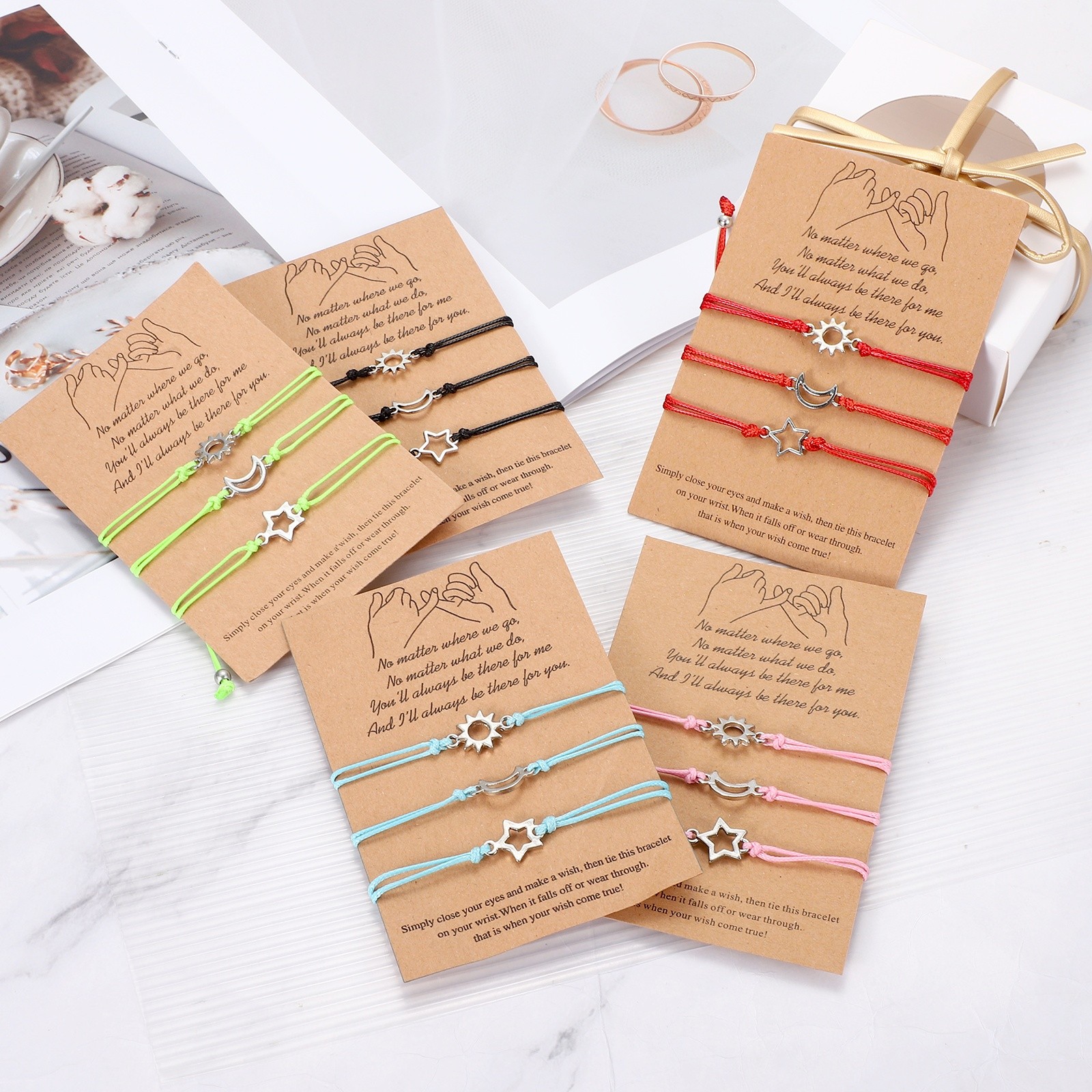 3Pcs Friendship Bracelets Sun/Moon/Stars Charm Bracelets (Blue)