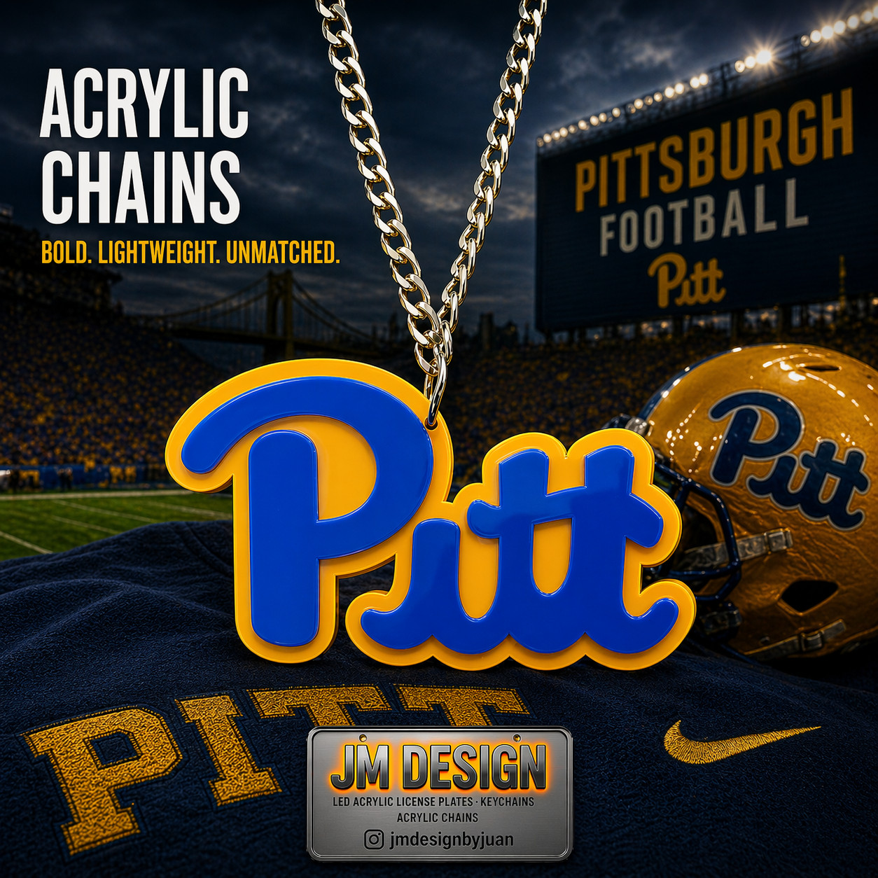 Pitt Panthers Acrylic Fan Chain Necklace Blue Yellow Gold Pendant