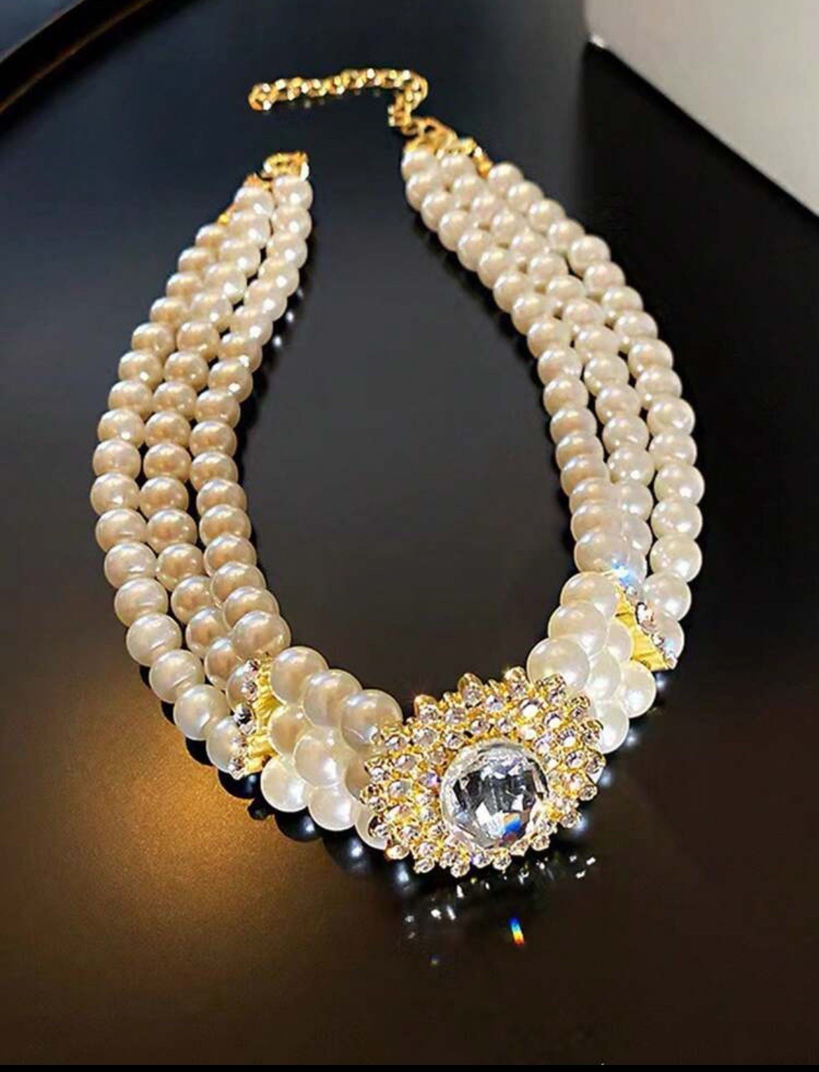 White Pearl Choker Necklace Tie Knot Three Layered Twisted Bib Collar Statement