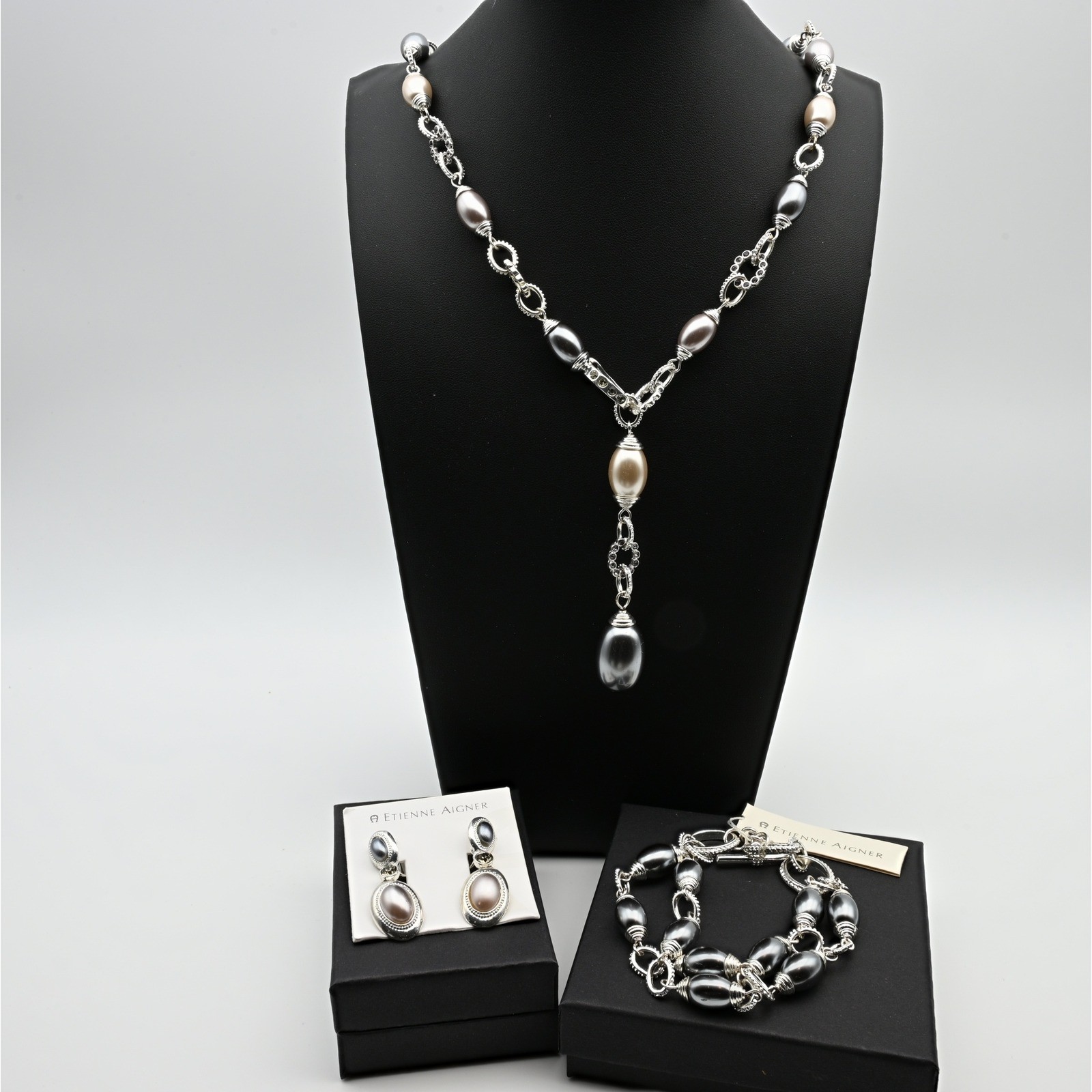Etienne Aigner Silver Tone Grey Champagne Faux Pearl Necklace Bracelet Earrings