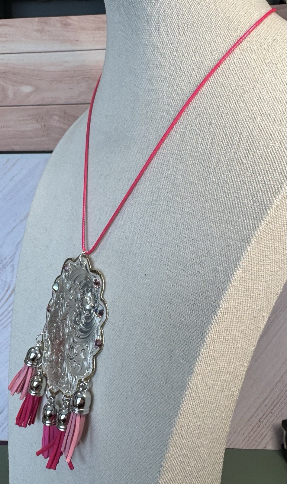 Silvertone & Rhinestone Oval Tassel Statement Pendant On Cord Necklace