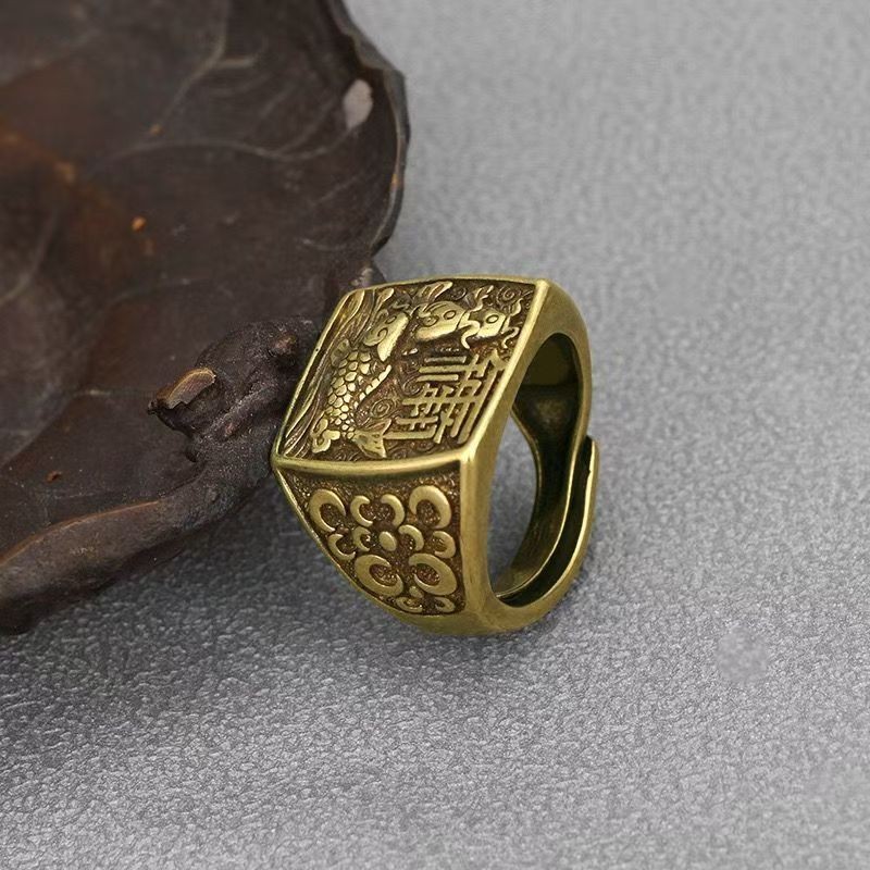 Vintage brass domineering men’s ring, Chinese fish ring with adjustable opening