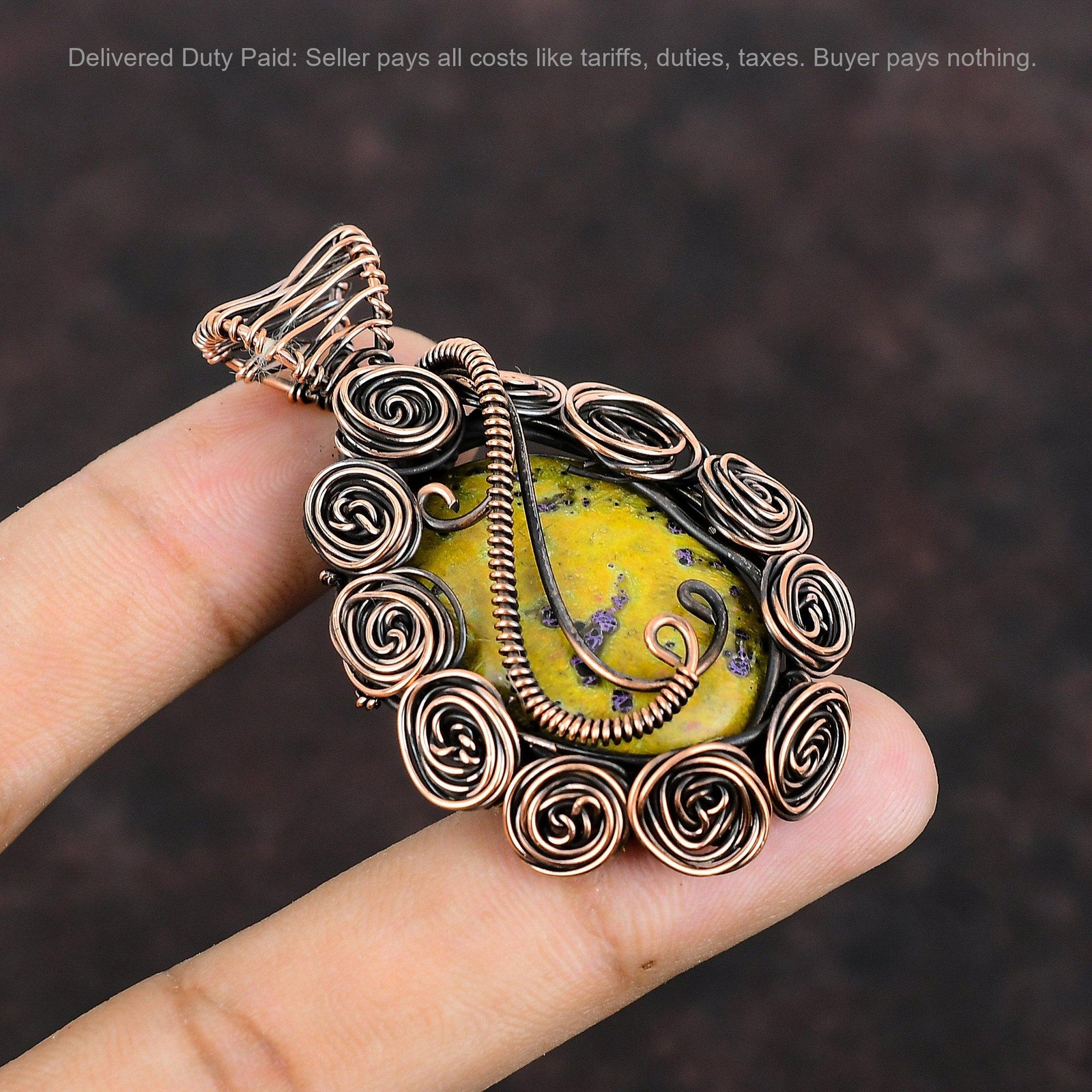 Oval Stichtite Stone Copper Ethnic Wire Wrapped Flower Birthday Pendant Jewelry