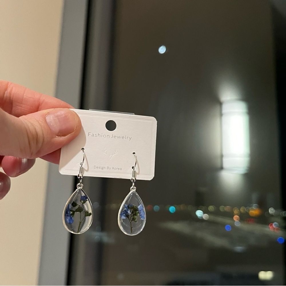 Dried Flower Pressed Resin Forget Me Not Drop Earrings 925 Sterling Silver