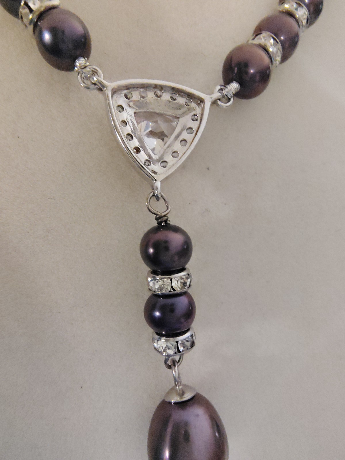 Danbury Mint Peacock Black Pearl Trillion CZ Y Drop Necklace 18″ + 2″ Extender
