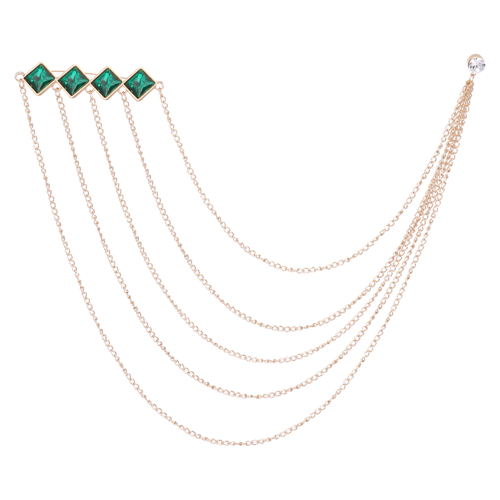 Rhinestone Chain Brooch Pins, Square Tassel Chain, Gold Tone (Green)