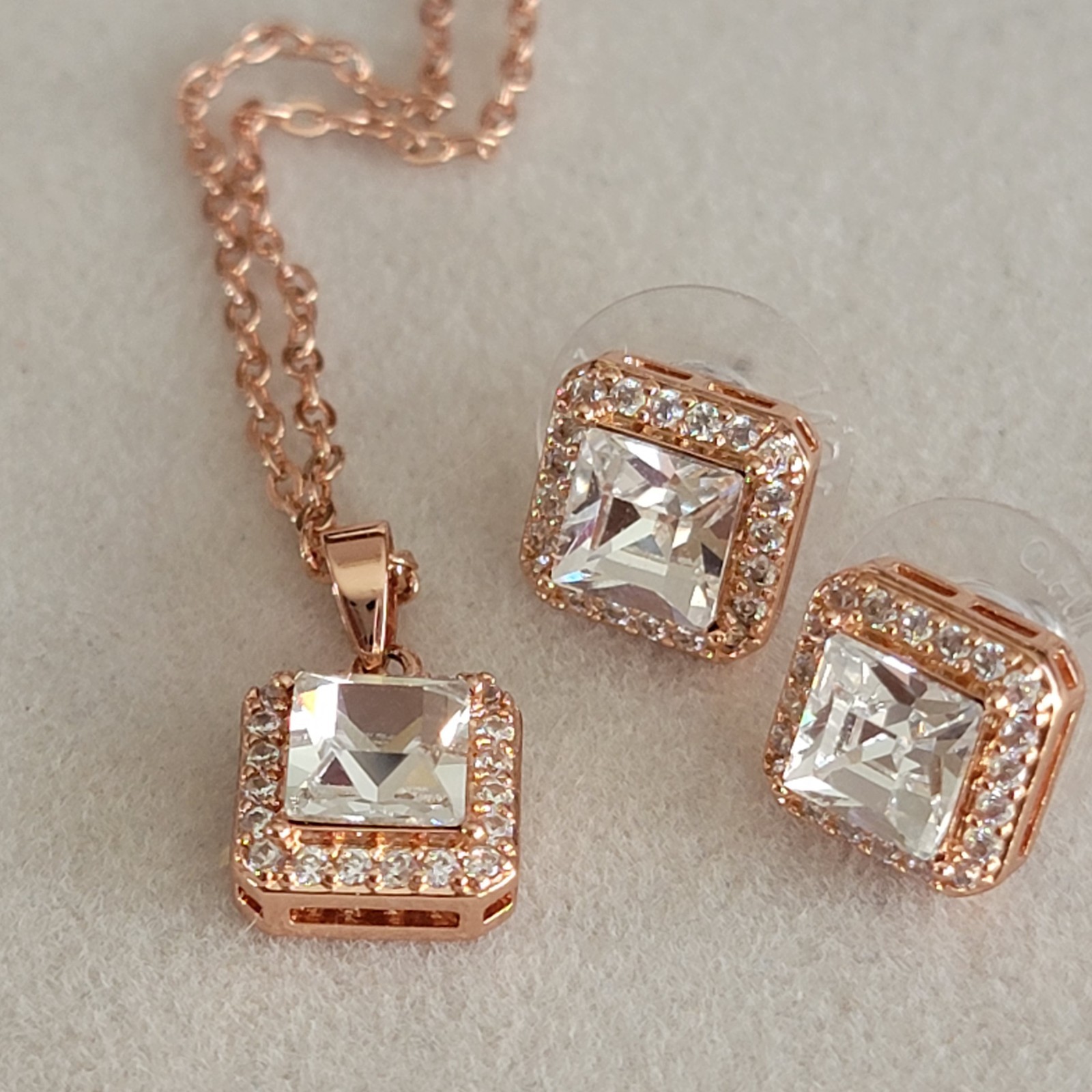 JCM Jacmel Jewelry Set CZ Necklace Earrings Rose Gold tone Cubic Zirconia New