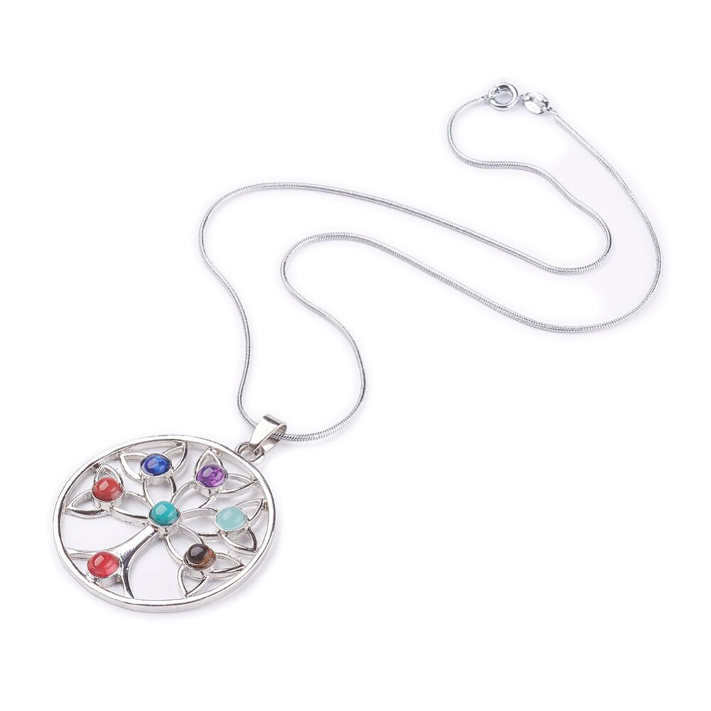 Chakra Alloy Pendant Necklaces Stainless Steel Chain Gemstone Tree Of Life P369