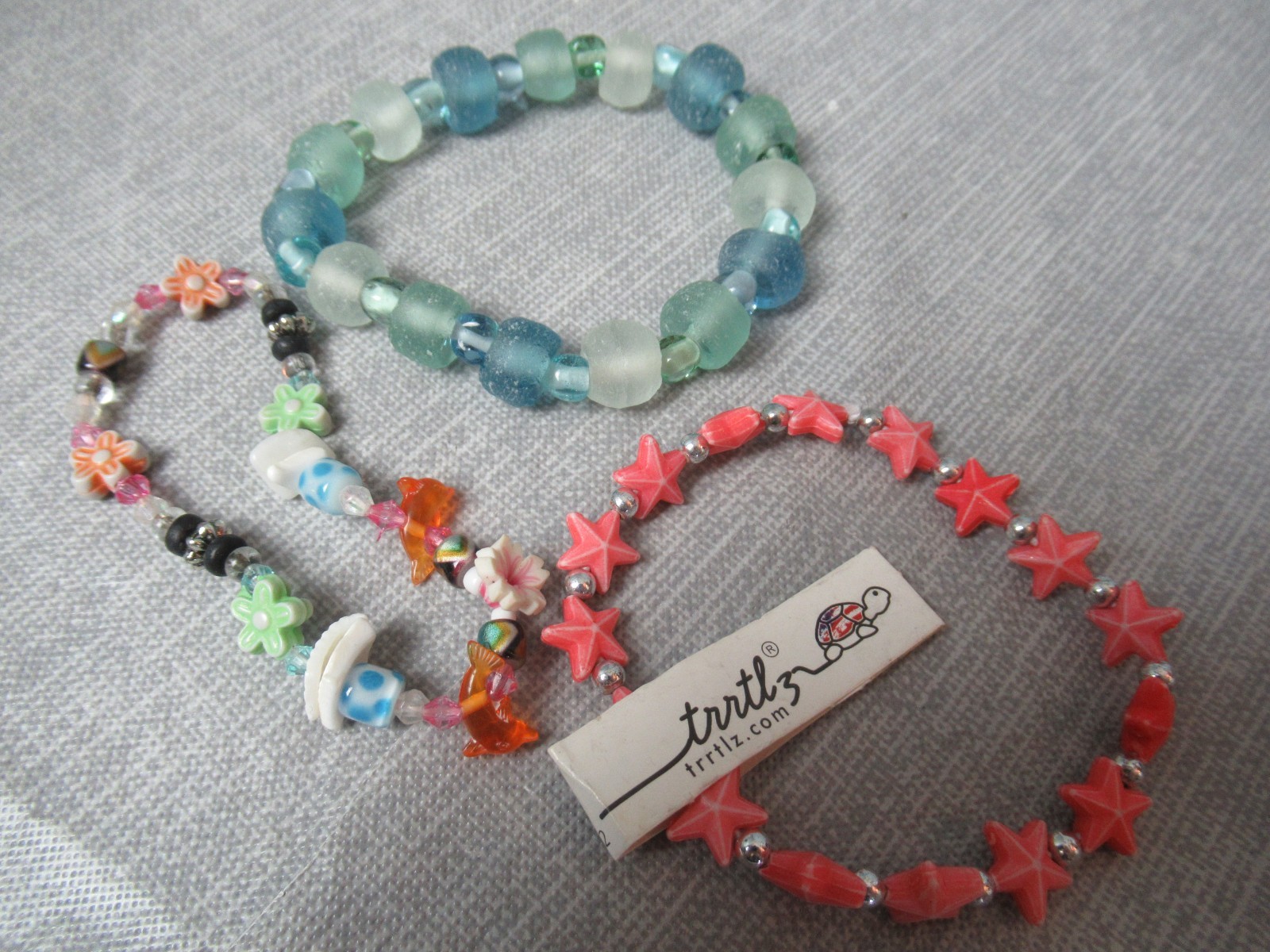 3 Summer Time Stretch Bracelets – Blue Sea Glass, Beads & Starfish – 30 g5 sb