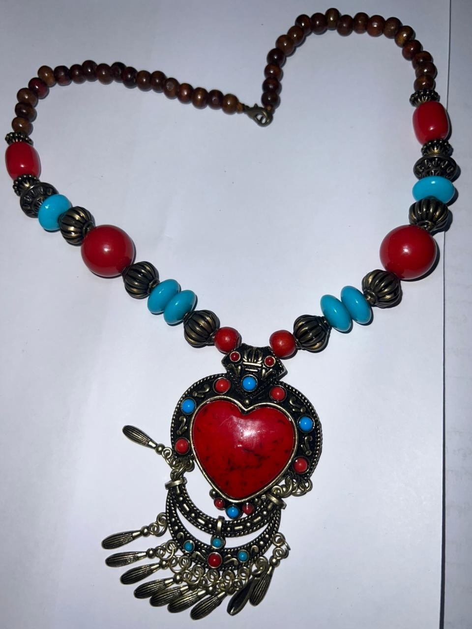 Vintage Tibetan Style Boho Statement Necklace Red Heart Pendant Ethnic Jewelry