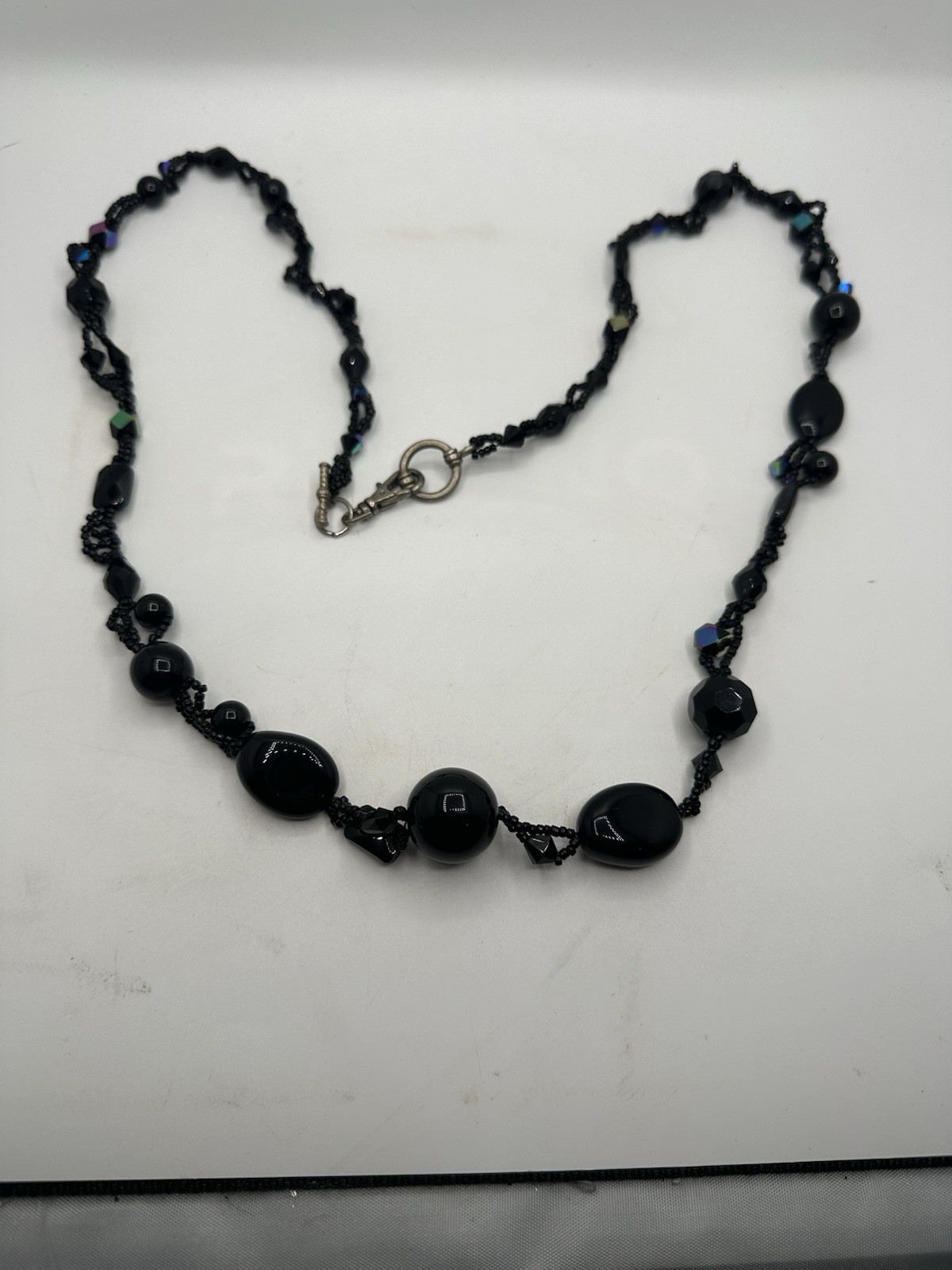 Black Beaded Statement Necklace Faceted Glass Acrylic Beads Handmade Boho Bib