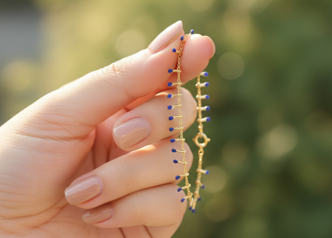 18K Gold Plated Brass Chain Bracelet Sapphire Blue Dangle Charms Boho Jewel