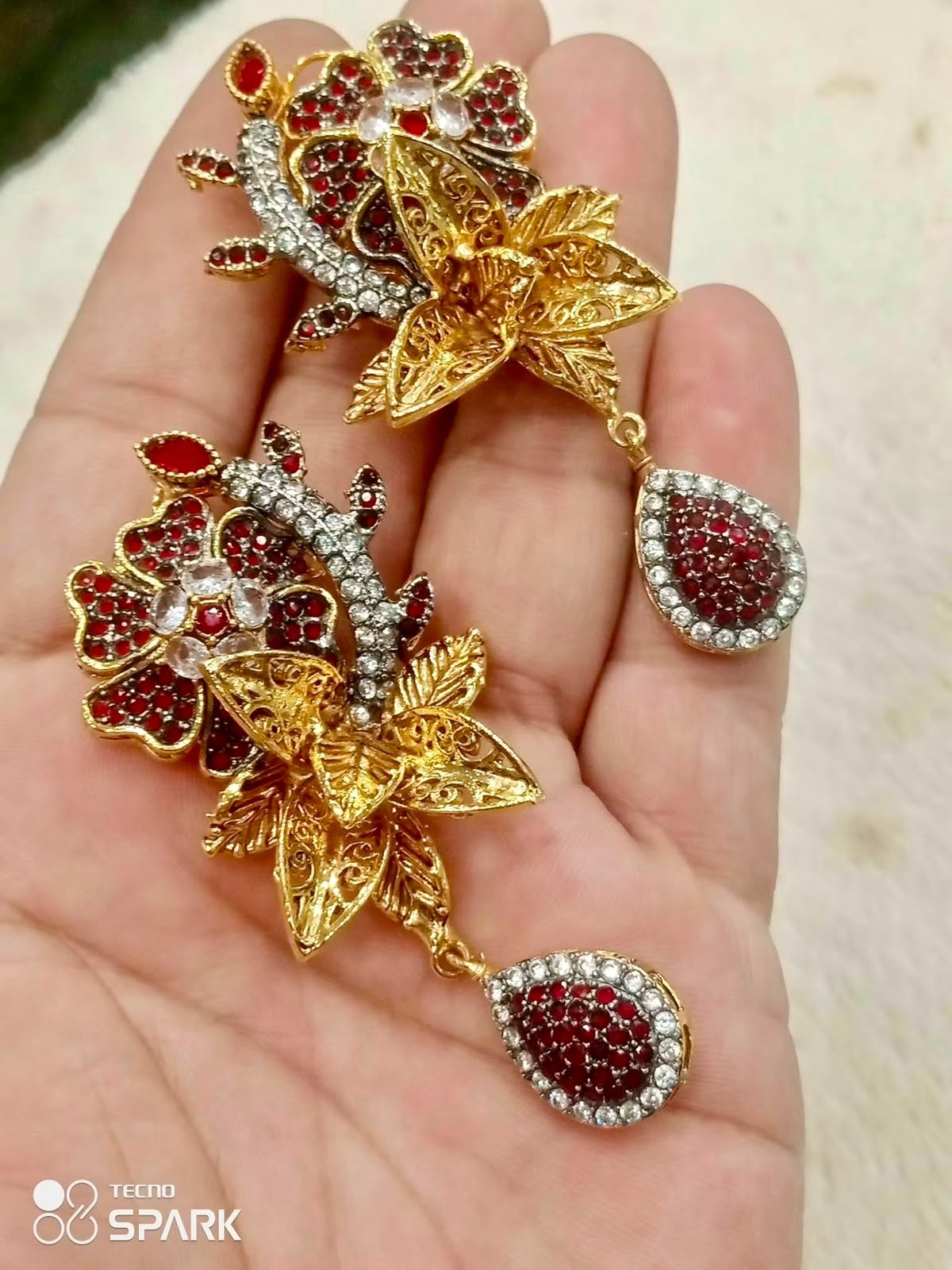 Pakistani Gold Plated Red Crystal Bridal Earrings Flower Dangle Wedding Jewelry