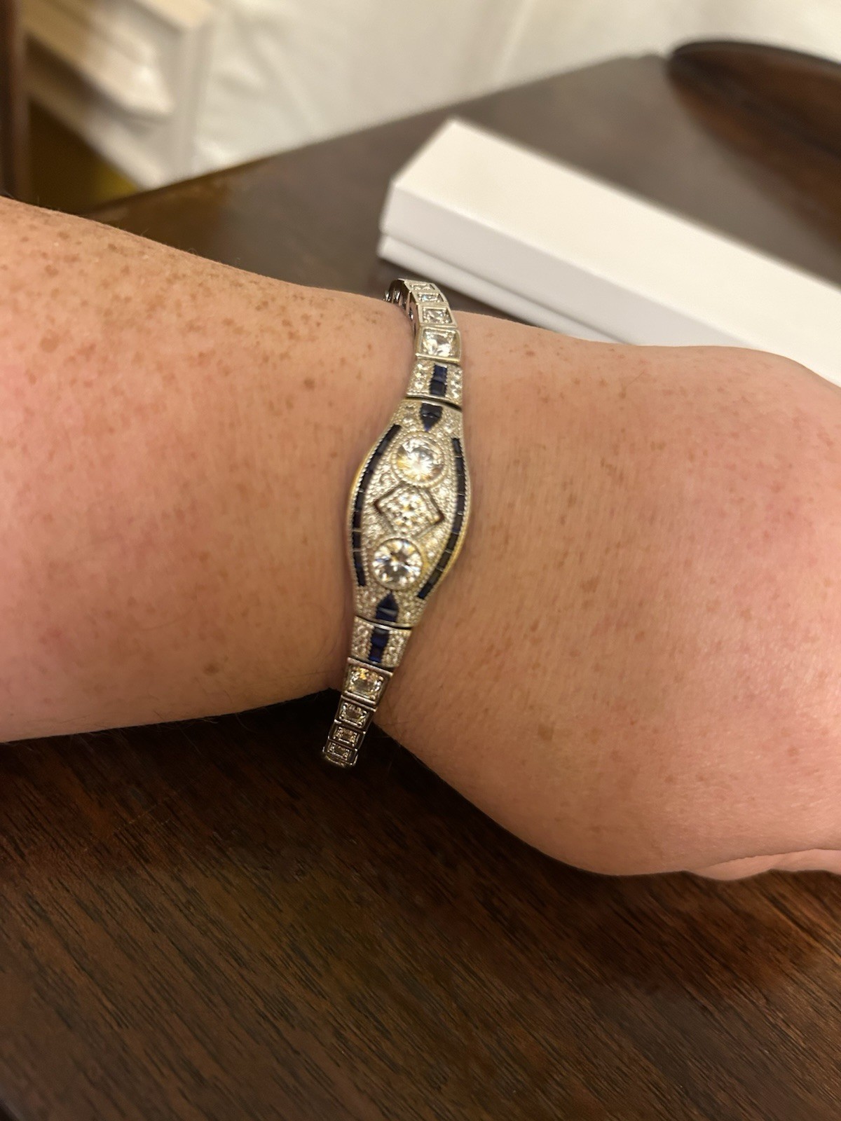 Silver Sapphire Blue CZ & Diamond CZ Art Deco Art Nouveau Inspired Bracelet NWT
