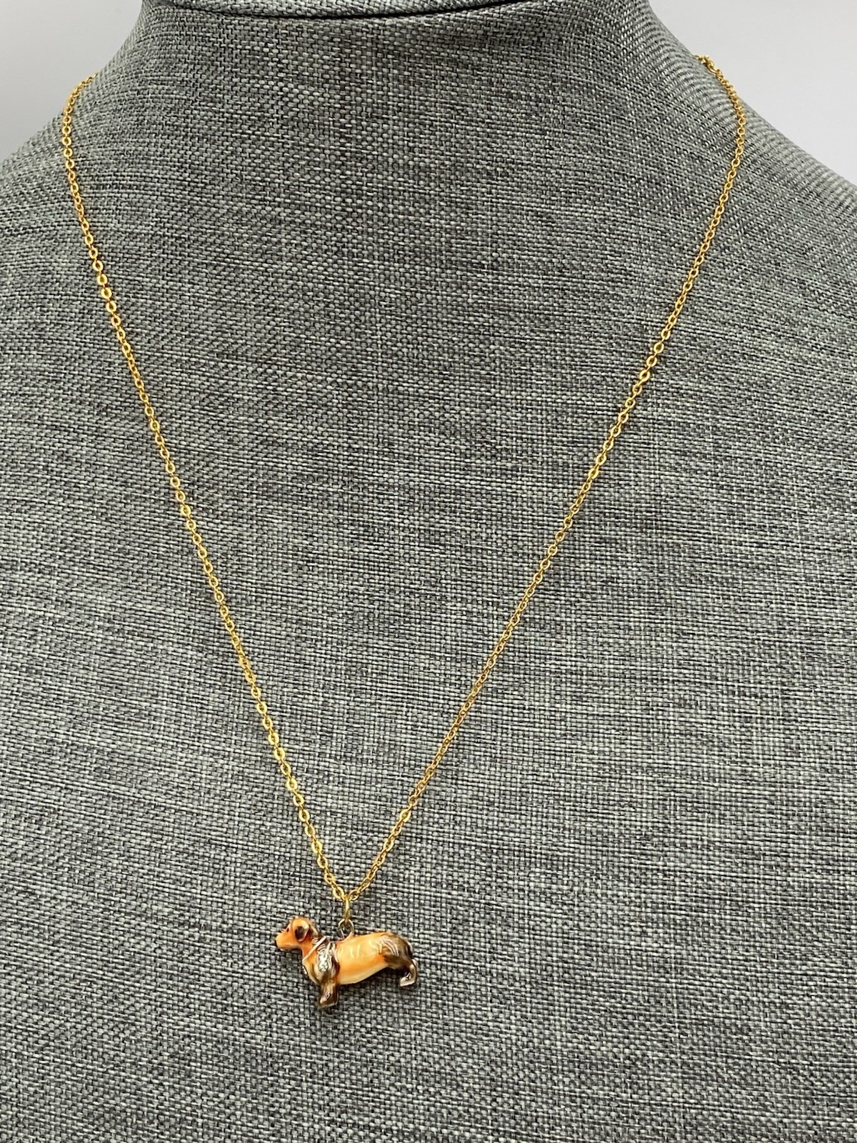 Enamel Ceramic Tiny Dachshund Pendant Necklace 20”