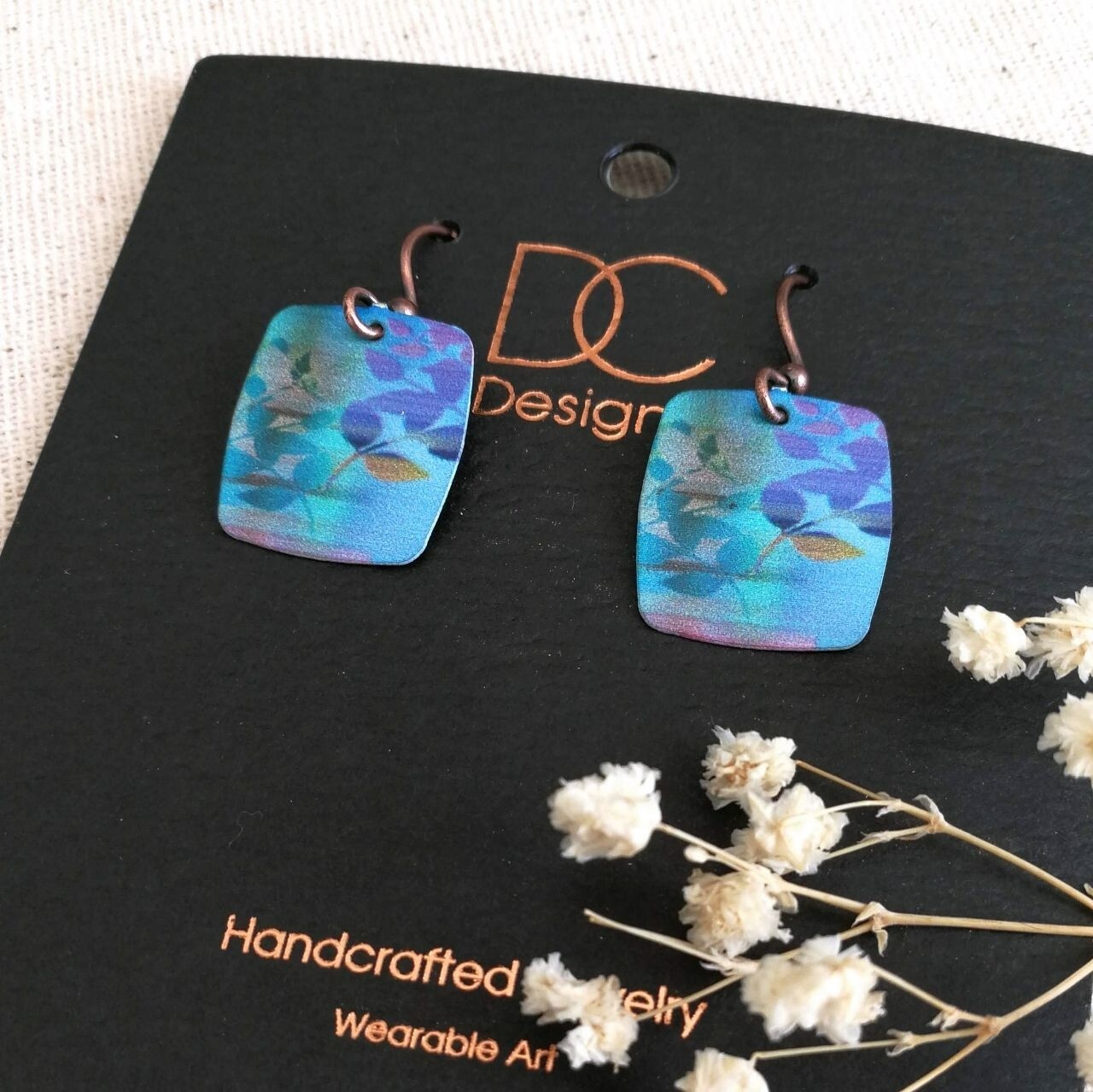 DC Designs Abstract Foliage Small Square Earrings in Blue and Green 34NS Unique
